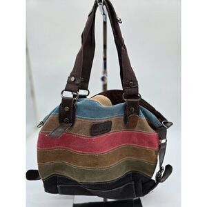 Vintage M.S.G.D Colorful Striped Canvas & Leather Shoulder Bag With Brown Accent